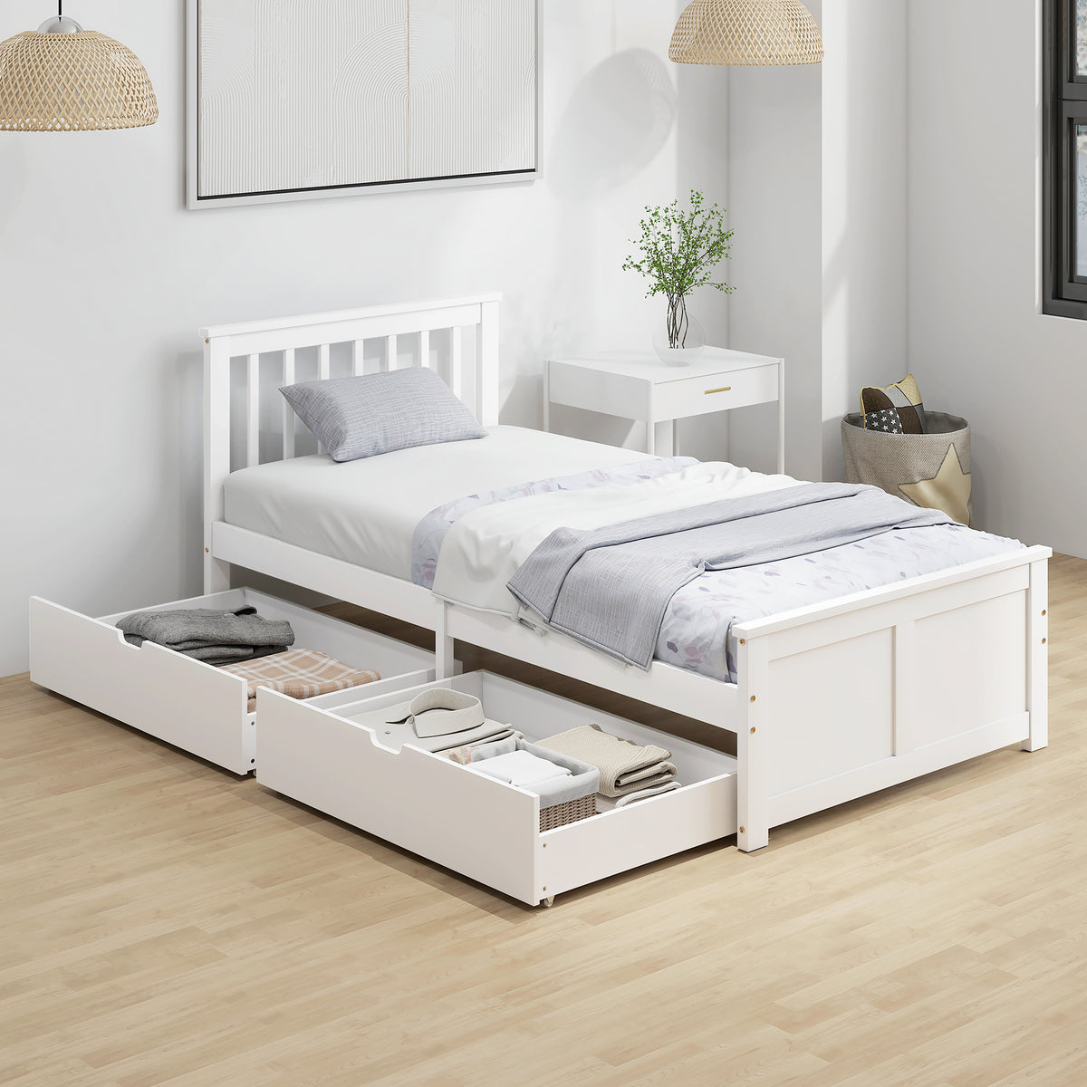 HOMCOM Wooden Single Bed Frame, with Drawers - White