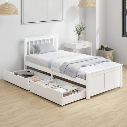 HOMCOM Wooden Single Bed Frame, with Drawers - White