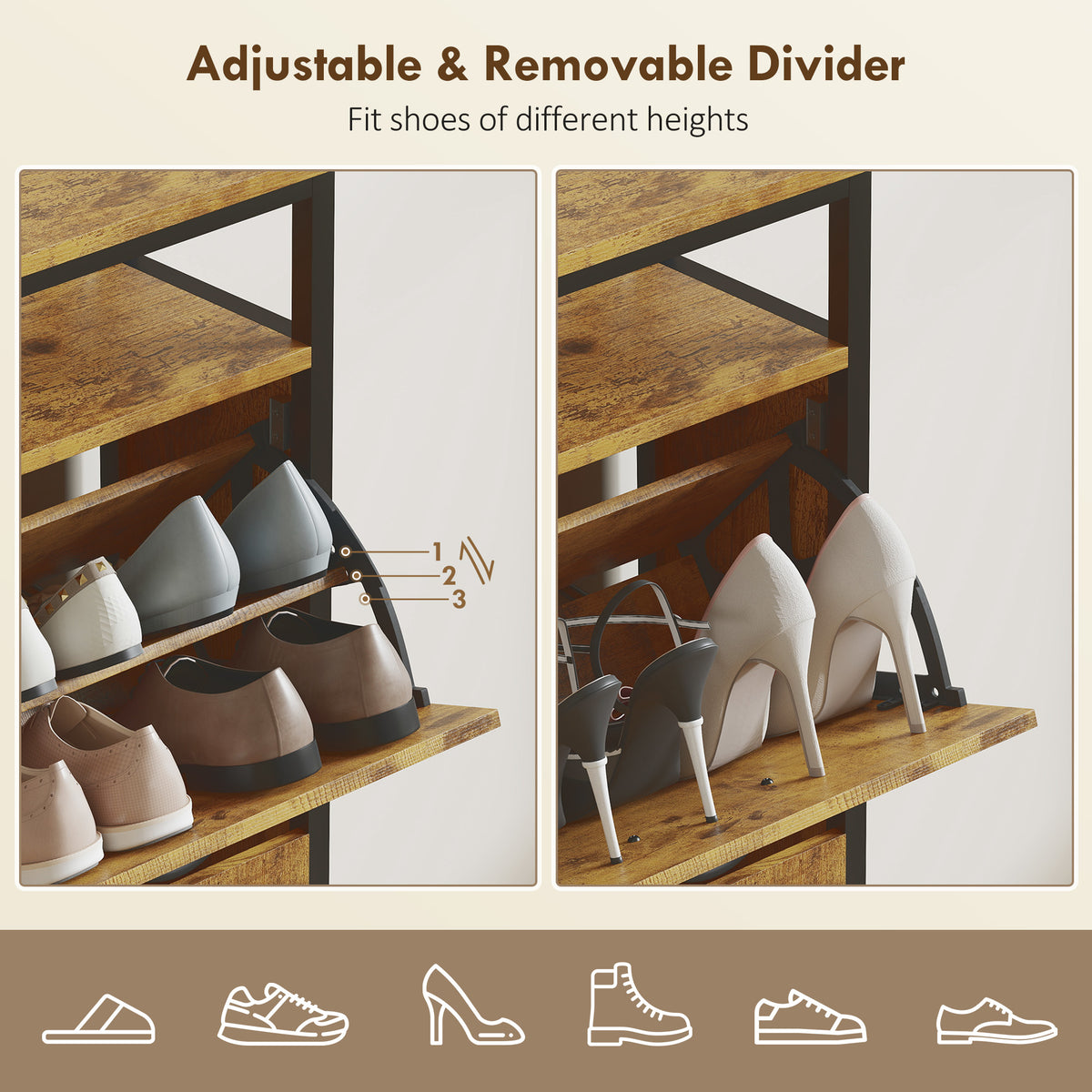 HOMCOM Shoe Storage Cabinet with 4 Flip Drawers and Open Shelf - Rustic Brown