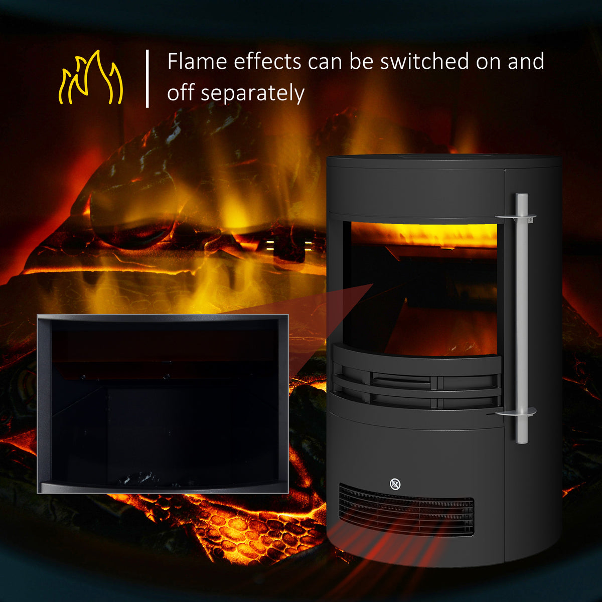 HOMCOM 1000W/2000W Freestanding Electric Fireplace, Indoor Heater Fire Stove with Log Burner Effect Flame, Thermostat Control