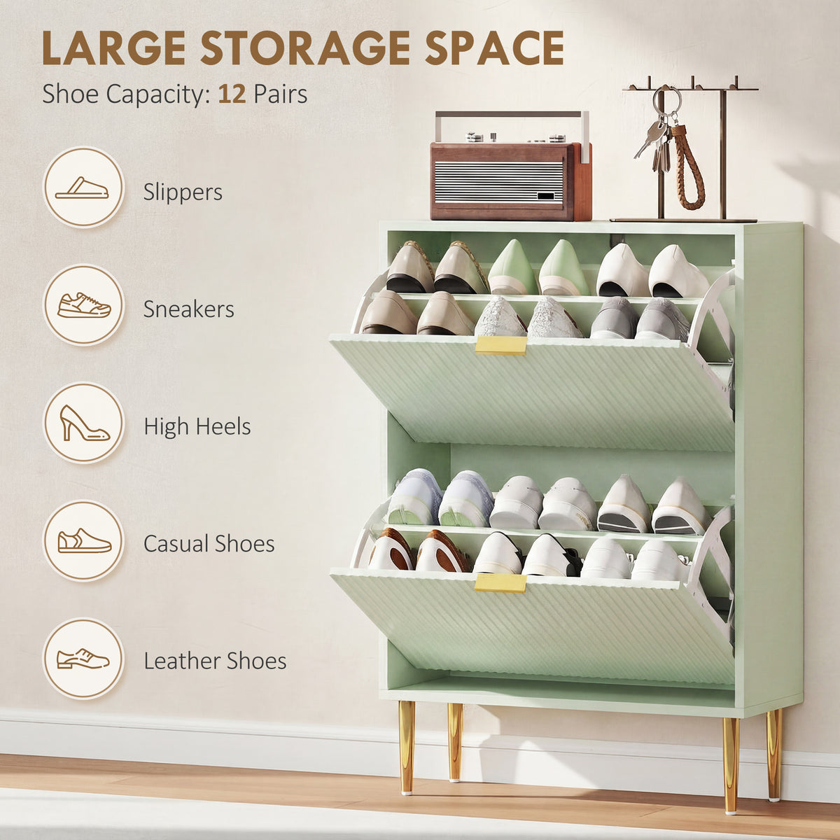 HOMCOM Elegant Two-Drawer Shoe Cabinet - Light Green