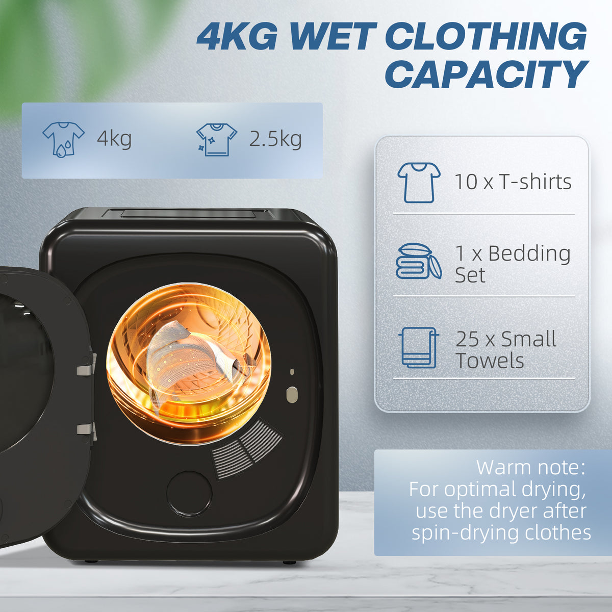 HOMCOM 2.5 kg Compact Tumble Dryer, with UV Sterilisation - Black