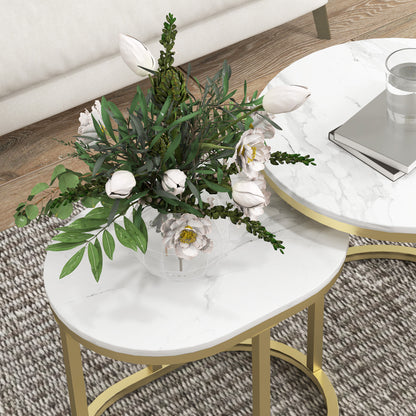 HOMCOM Nest of Tables with Steel Frame and Faux Marble Tabletop, Modern Coffee Table Set of 2, Gold Tone/White