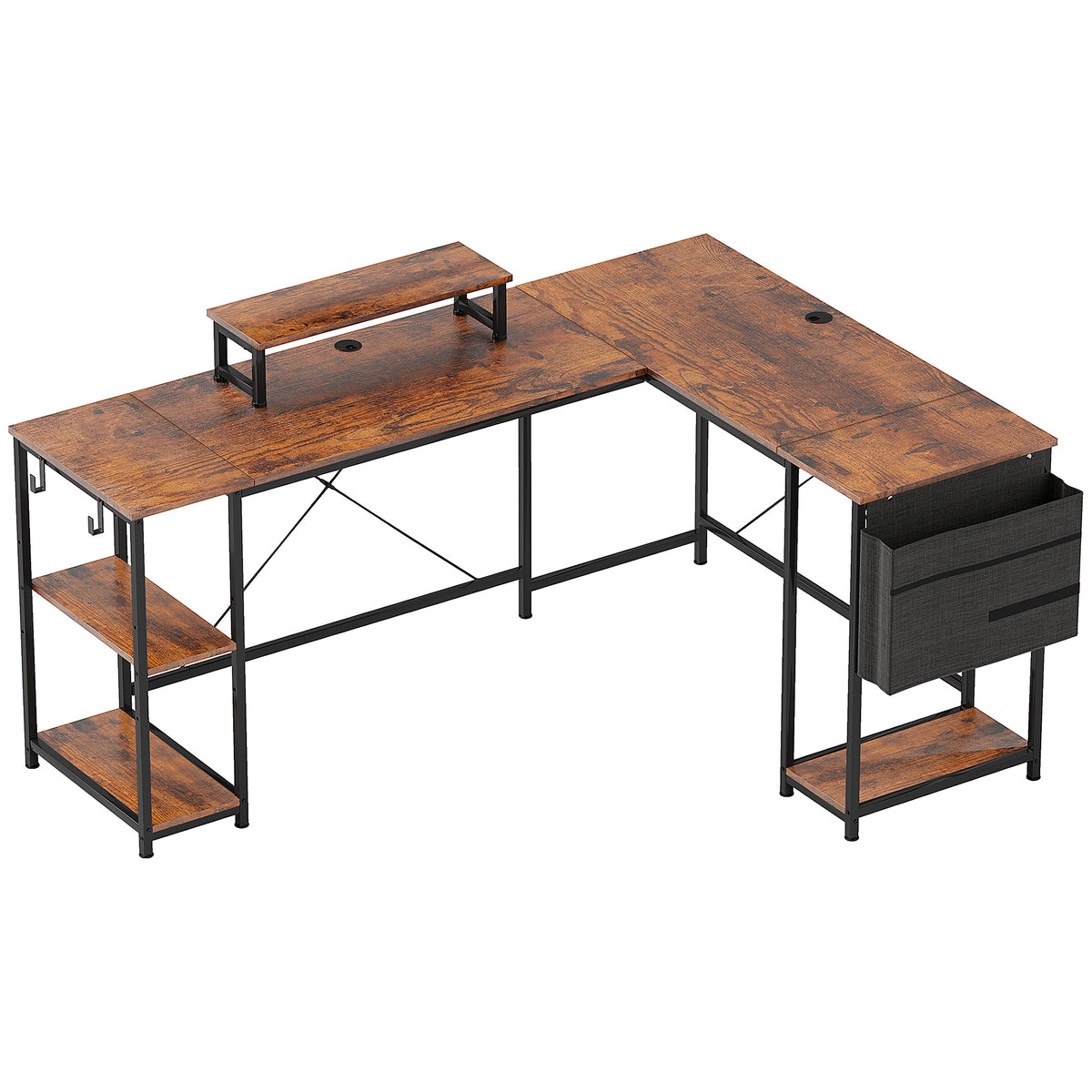 HOMCOM 168cm Reversible L Shaped Desk, Industrial Corner Computer Desk with Adjustable Shelf and Storage Bag, 240cm 2 Person PC Table with Monitor Stand, Rustic Brown