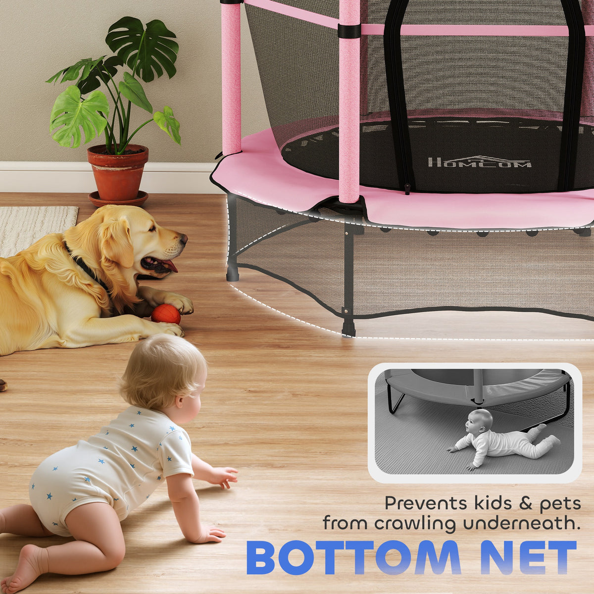 HOMCOM 4.6FT/55" Kids Trampoline with Enclosure Net, Outdoor Indoor Use, for Ages 3-10 Years, Pink