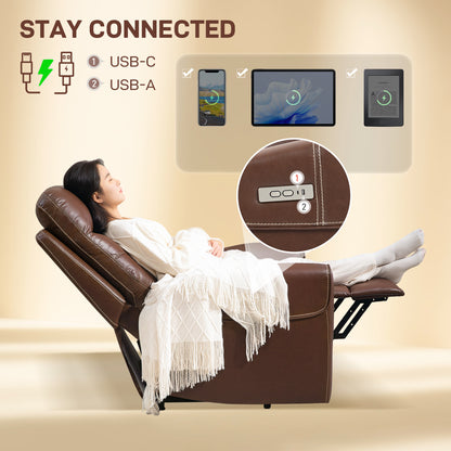 HOMCOM Power Lift Recliner Chair for Elderly, Overstuffed Faux Leather Riser and Reclining Chair with USB A+C Ports, Recliner Armchair for Living Room, Brown