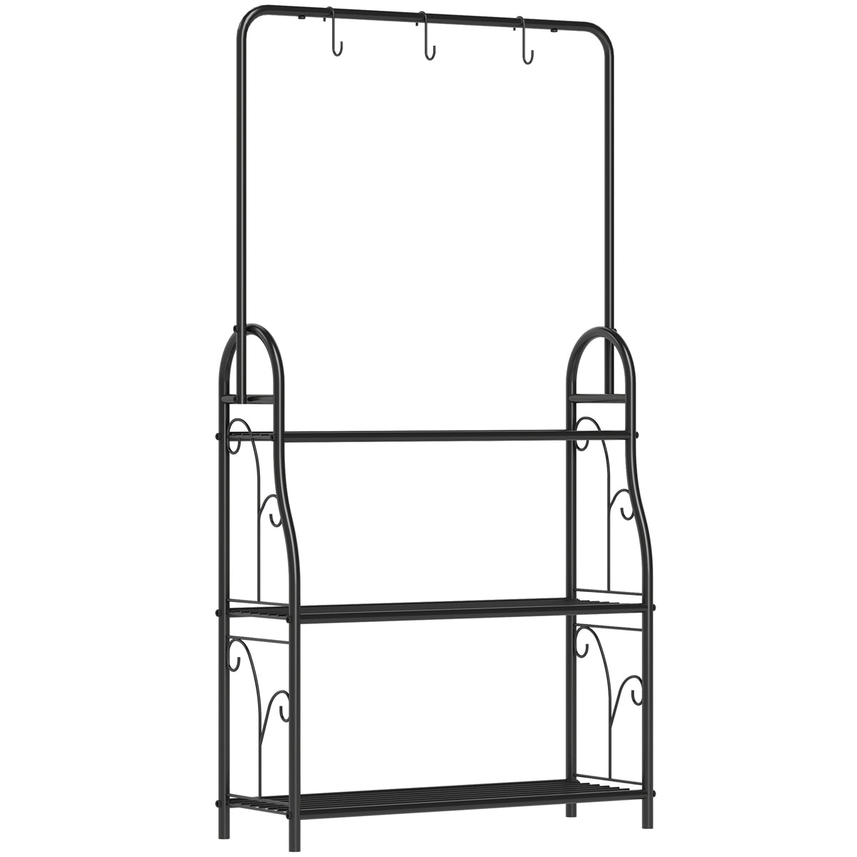 Outsunny 3 Tier Plant Stand with Hanging Rod and Hooks, Metal Plant Rack Shelf, Ladder Flower Pot for Indoor Outdoor Porch Balcony Living Room Bedroom, Black