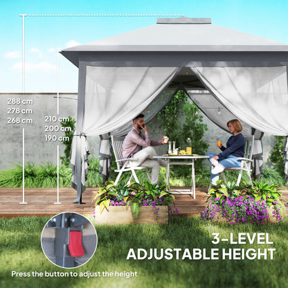 Outsunny 3.3 x 3.3m Pop Up Gazebo, Double Roof Foldable Canopy Tent with Zipped Mesh Sidewalls, Height Adjustable and Carrying Bag, Event Tent for Patio Garden, Grey