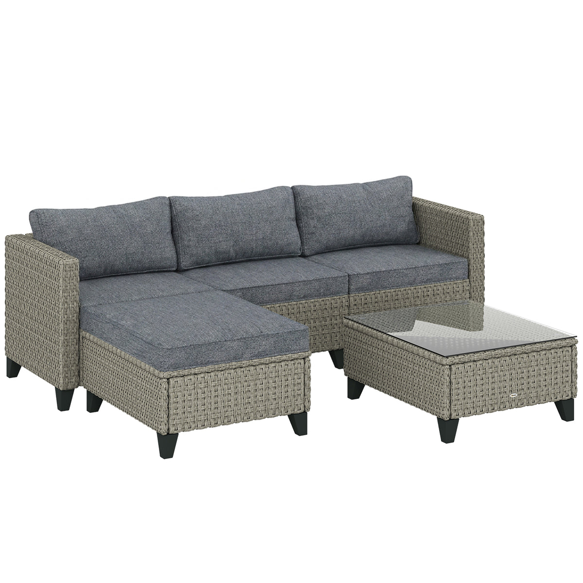 Outsunny 5-Piece Rattan Patio Furniture Set with Corner Sofa, Footstools, Coffee Table, for Poolside, Dark Grey