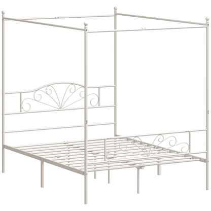 HOMCOM Canopy Bed Frame King Size, Metal Platform Bed Frame with Headboard and Footboard, Underbed Storage, White