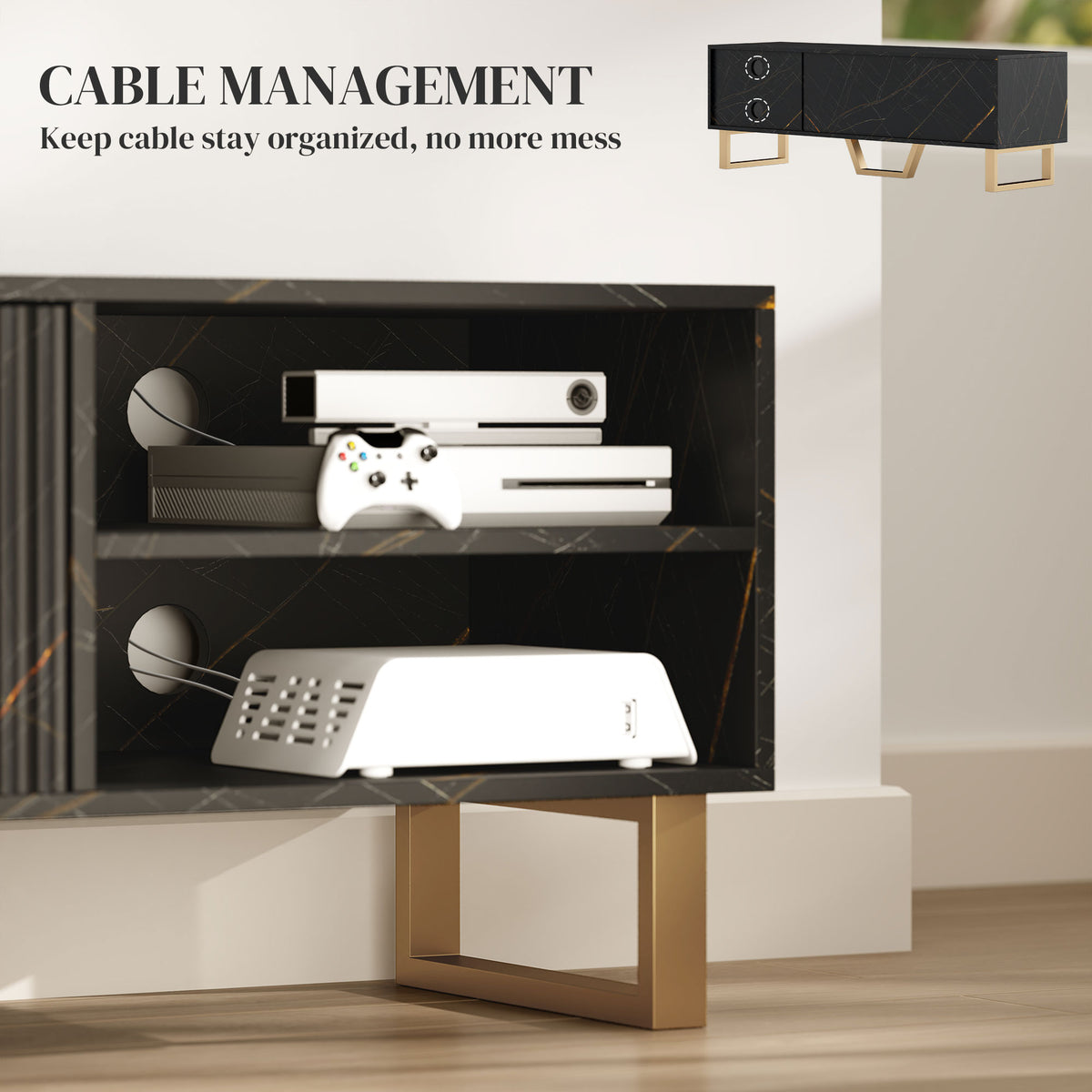 HOMCOM Marble Effect TV Unit, Modern TV Stand Cabinet for up to 70" TVs, with Shelves and Storage Cupboard, Fluted Door, Extra Centre Leg, Cable Management for Living Room, Black