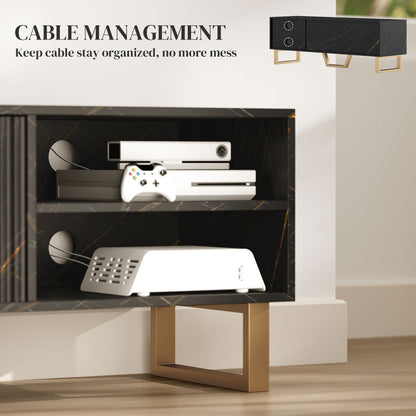 HOMCOM Marble Effect TV Unit, Modern TV Stand Cabinet for up to 70" TVs, with Shelves and Storage Cupboard, Fluted Door, Extra Centre Leg, Cable Management for Living Room, Black