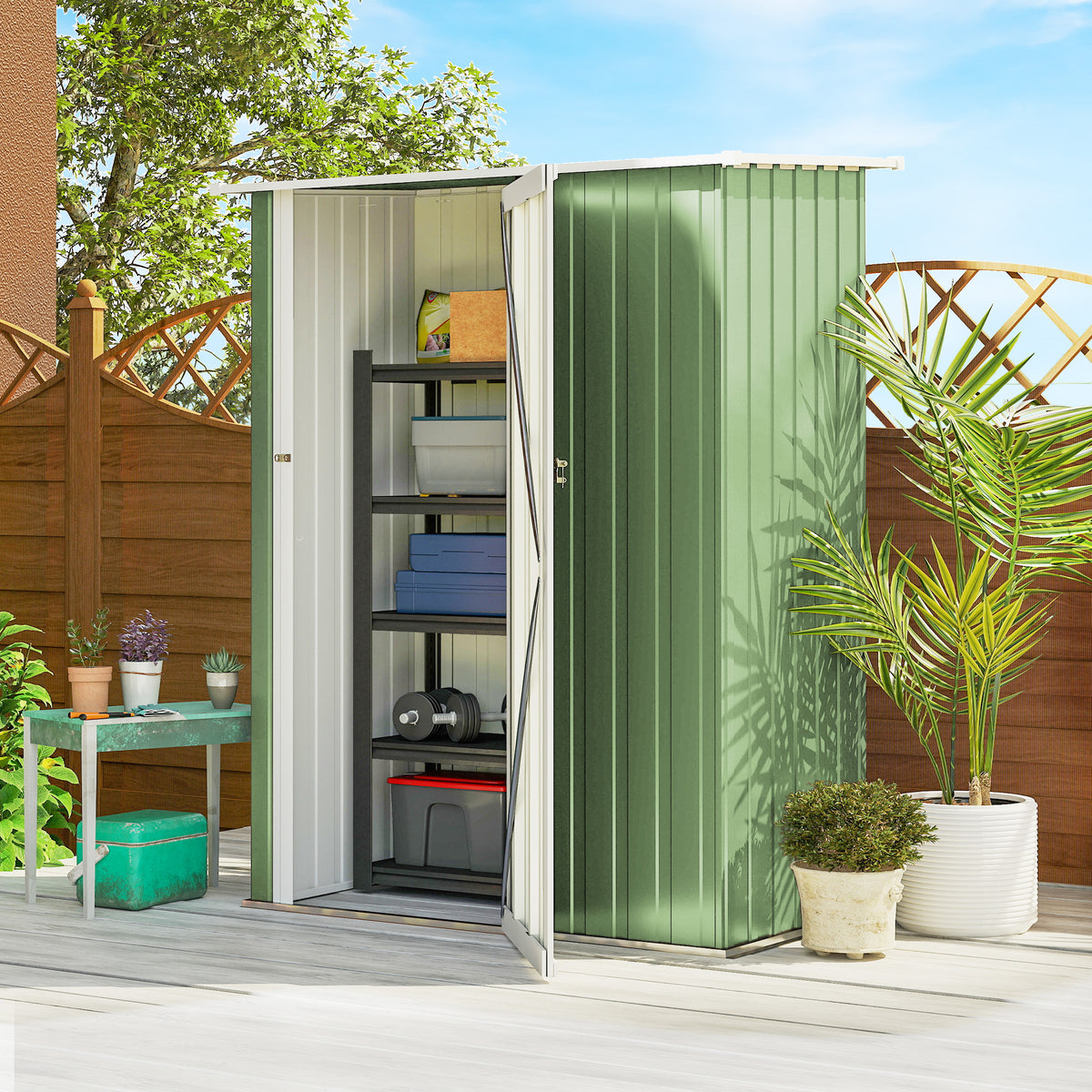 Outsunny 5ft x 3ft Garden Storage Shed, Galvanised Outdoor Metal Shed Waterproof with Sloped Roof, Lockable Door for Patio Tools, Equipment, Light Green