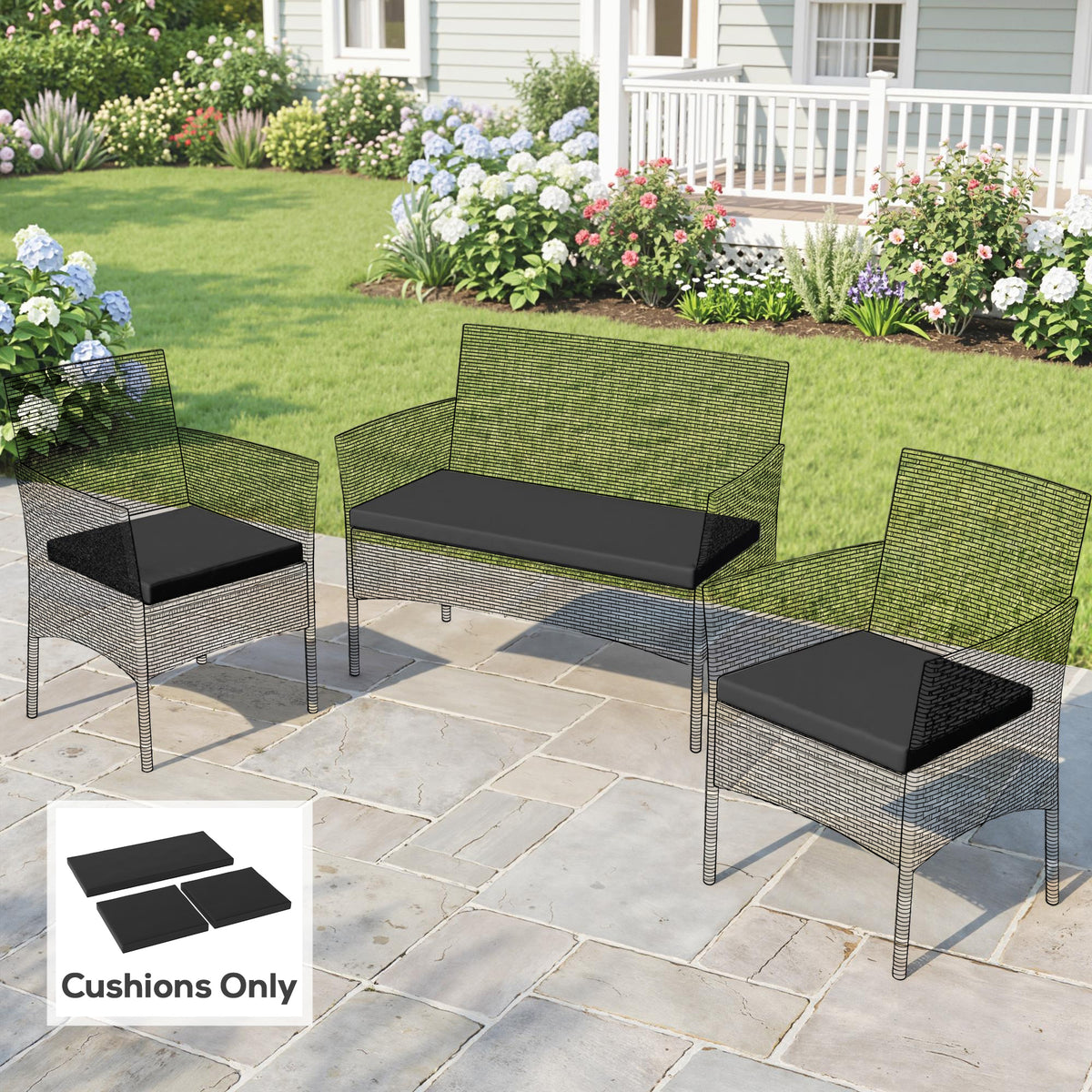 Outsunny Outdoor Seat Cushion Pads for Rattan Furniture, 3 PCs Garden Furniture Cushions, Black
