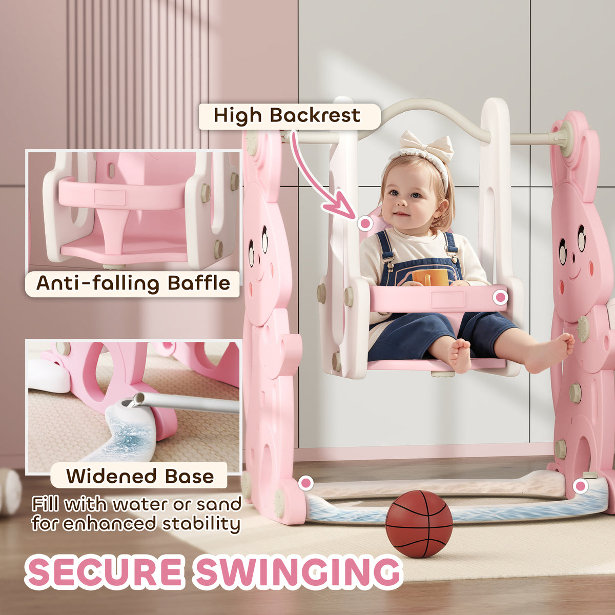 AIYAPLAY 4 in 1 Kids Slide and Swing Set with Climber, Basketball Hoop, Rabbit-Themed, Pink