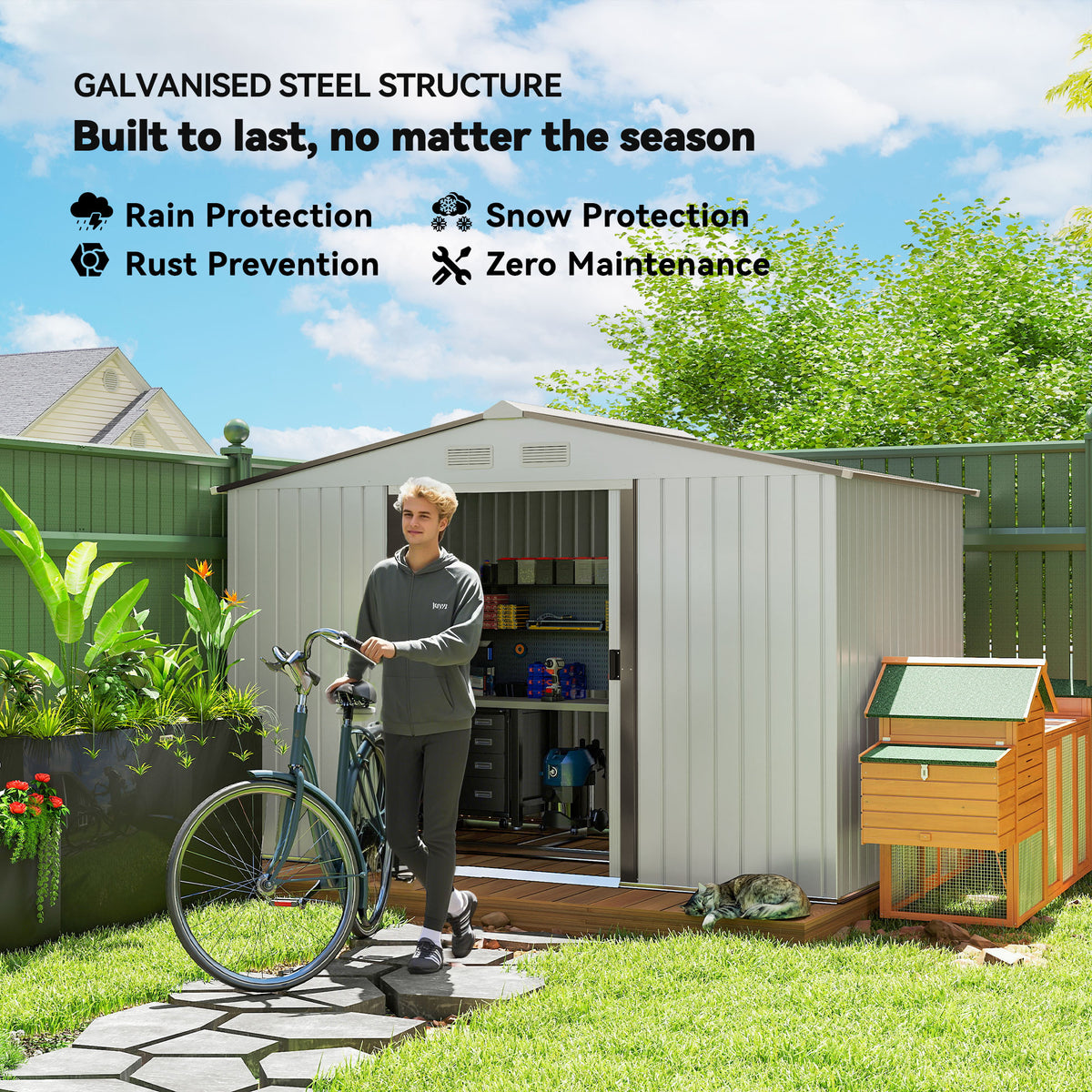 Outsunny Metal 9 x 6FT Bike Shed, Mobility Scooter Shed House with Foundation Kit, Ventilation, Silver