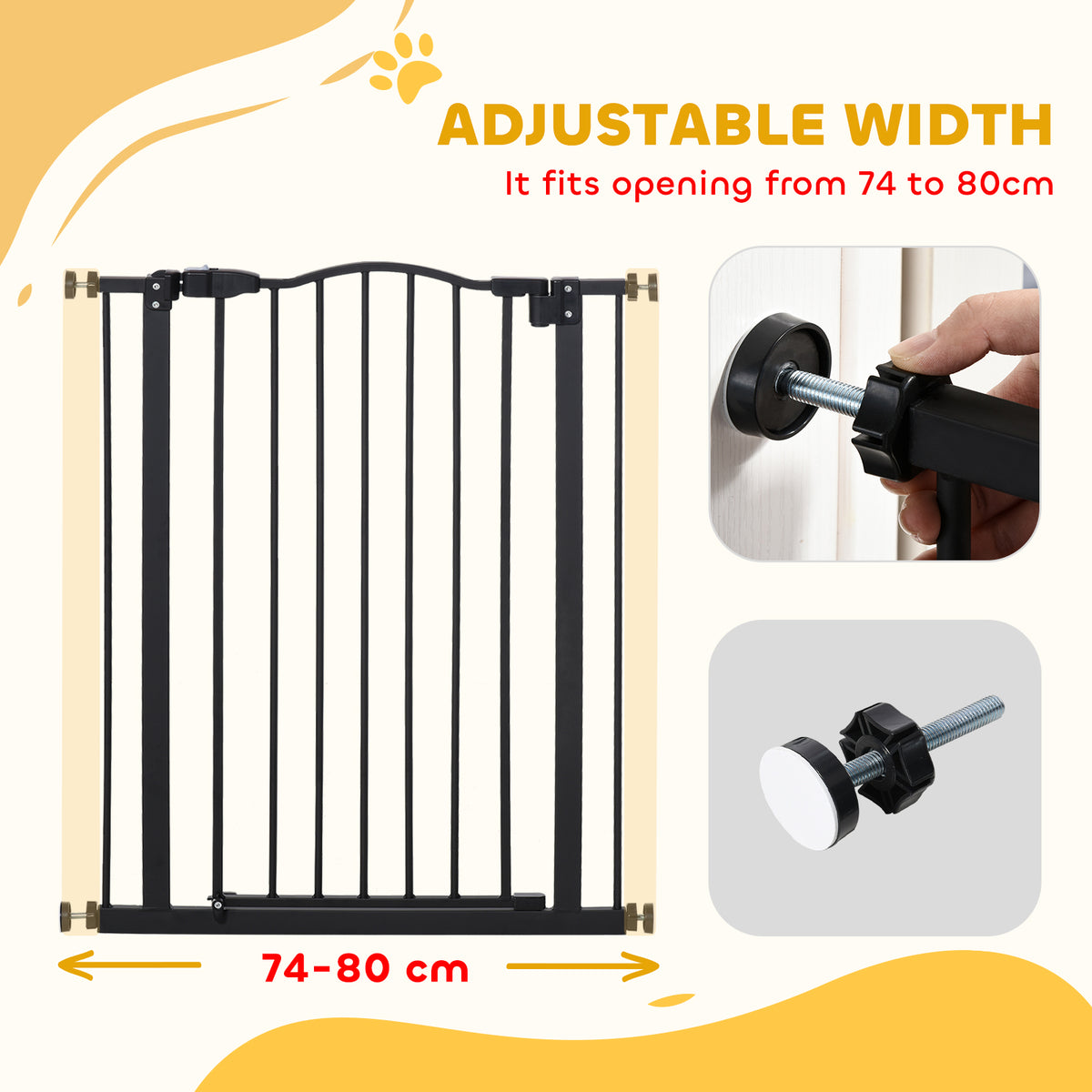 PawHut Pressure Fit Dog Stair Gate No Drilling Safety Gate Auto Close for Doorways, Hallways, 74-80cm Adjustable, 94cm Tall, Black