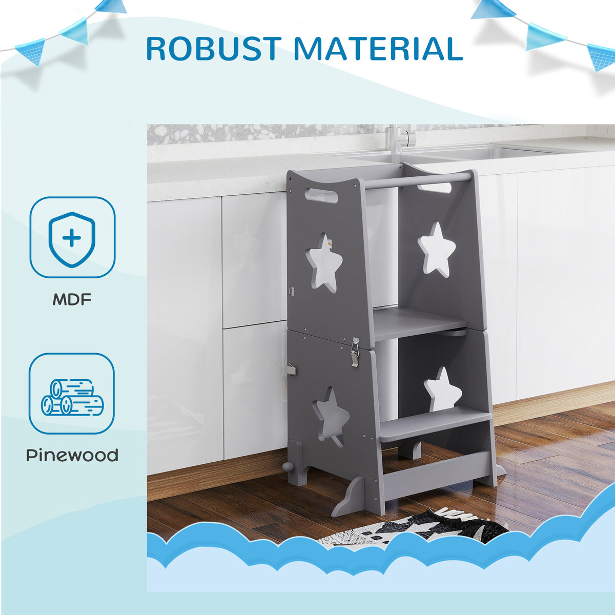 AIYAPLAY 2-in-1 Toddler Step Stool with Safety Rail for Kitchen, Bathroom, Grey