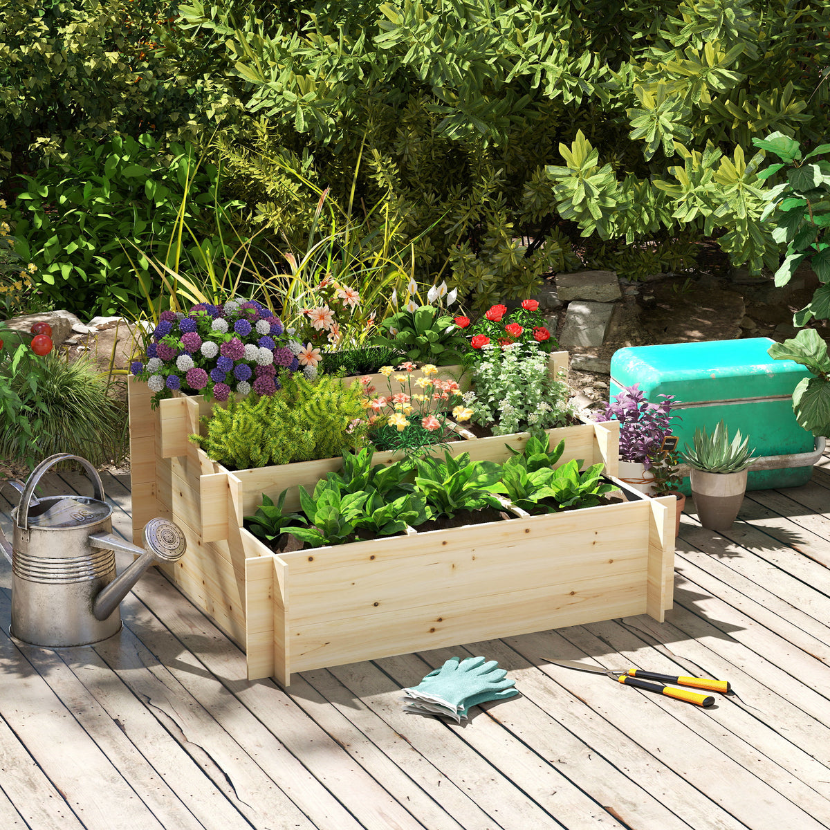 Outsunny 117cm x 100cm x 54cm 3 Tier Raised Garden Bed 376L Fir Wood Elevated Planter Flower Box with 9 Grow Grids and Non-woven Fabric for Vegetables, Flower, Herb Outdoor Indoor Use