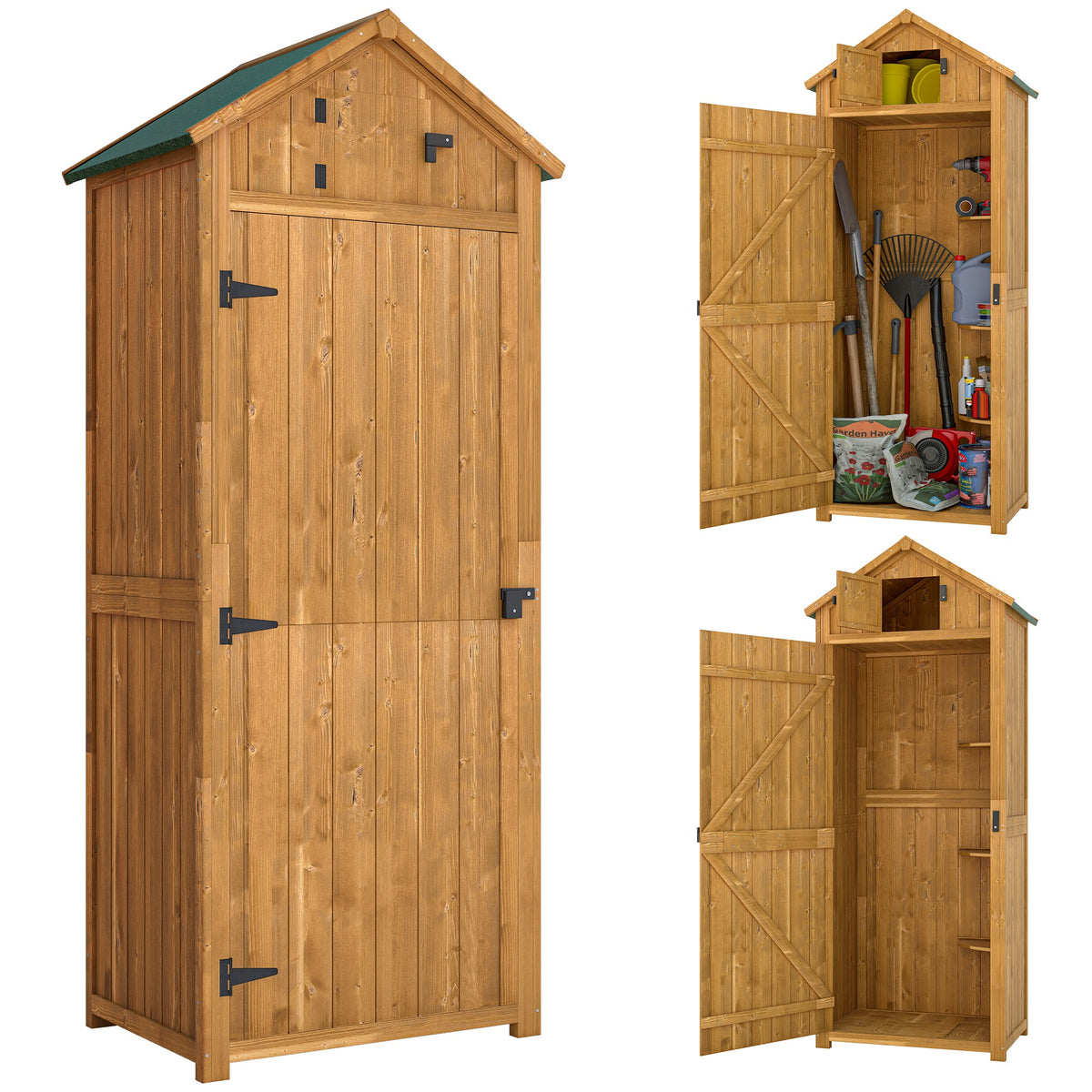 Outsunny Garden Shed Wood Outdoor Garden Tool Storage Unit with 3 Detachable Shelves, 77 x 54.2 x 179cm,  Brown