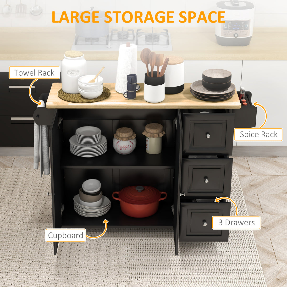 HOMCOM Kitchen Island with Drop Leaf, Rolling Kitchen Storage Trolley on Wheels with 3 Drawers, Black