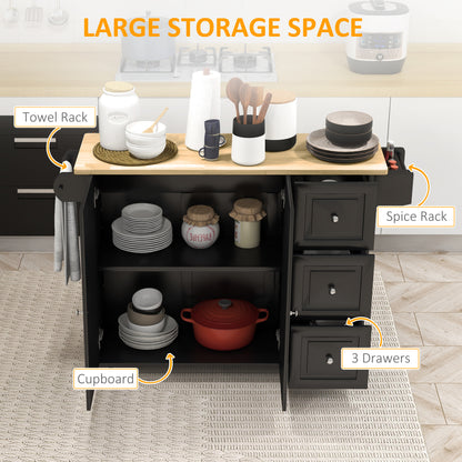 HOMCOM Kitchen Island with Drop Leaf, Rolling Kitchen Storage Trolley on Wheels with 3 Drawers, Black