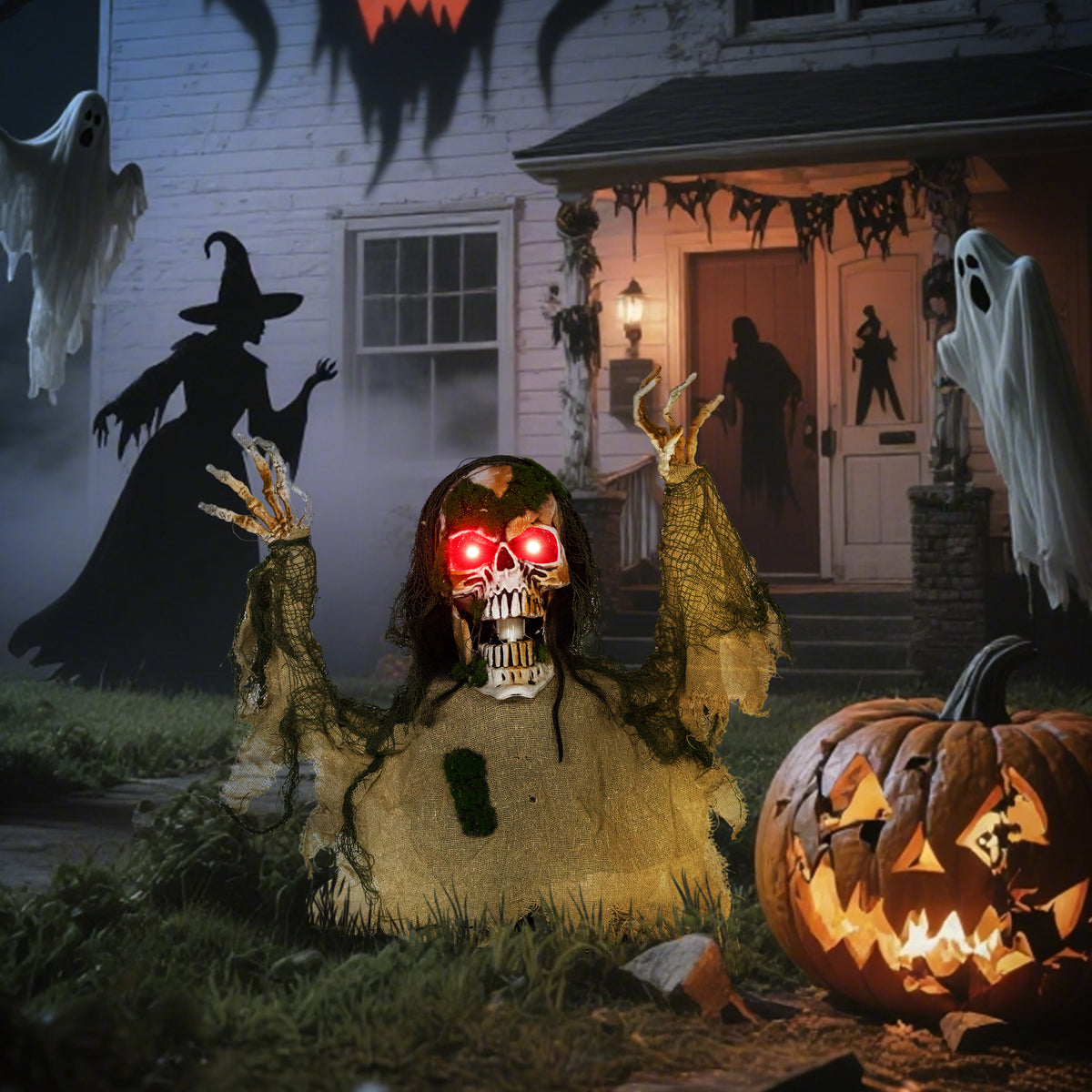 Outsunny Halloween Animated Skeleton with Glowing LED Eyes, Half-Body Scary Halloween Decorations, Battery Operated, Indoor Party Props
