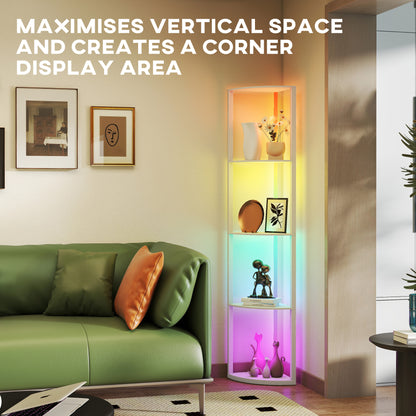 HOMCOM RGB LED Floor Lamp with Shelves, 4-Tier Dimmable Standing Lamp with Remote Control, Oak