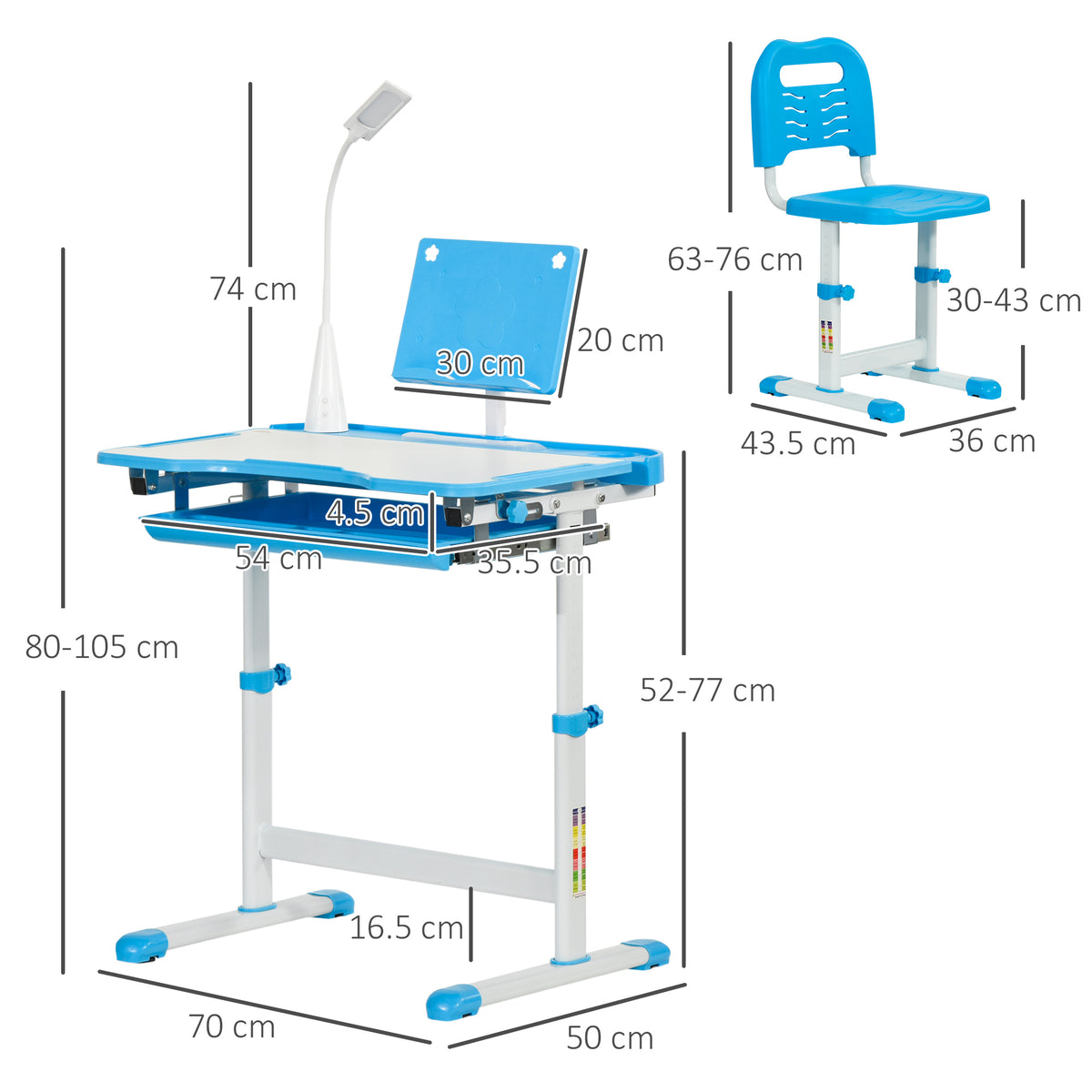 HOMCOM Kids Study Desk and Chair Set w/ Adjustable Height, Storage, Drawer, Blue