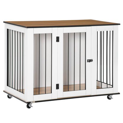 PawHut Dog Crate Furniture, Dog Cage End Table, with Wheels, for Large Dogs, 106 x 60 x 82 cm  - White