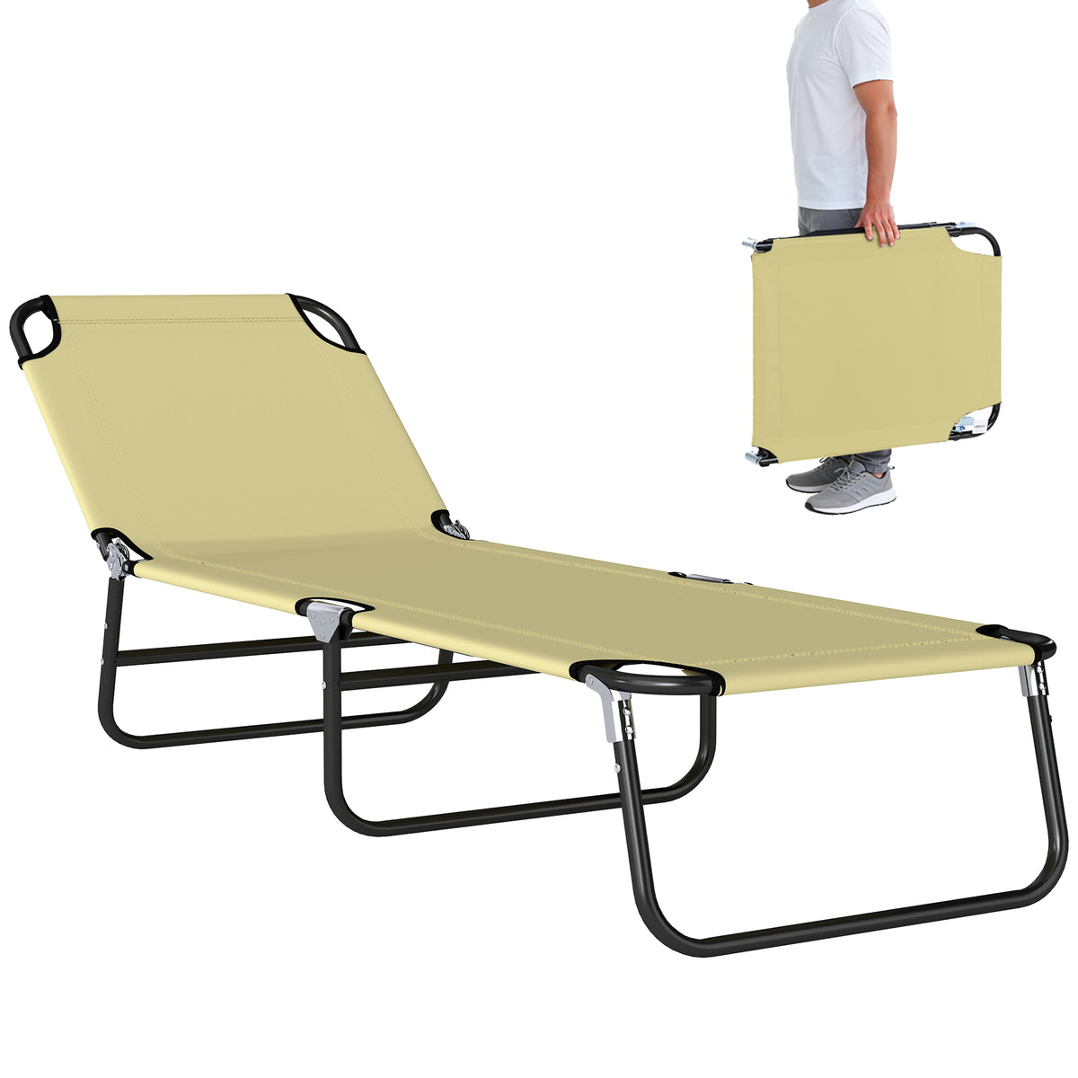 Outsunny Foldable Sun Lounger with 5-Position Adjustable Backrest, Outdoor Portable Recliner Chaise Lounge Chair with Oxford Fabric for Patio, Beach, Garden, Camping, Beige