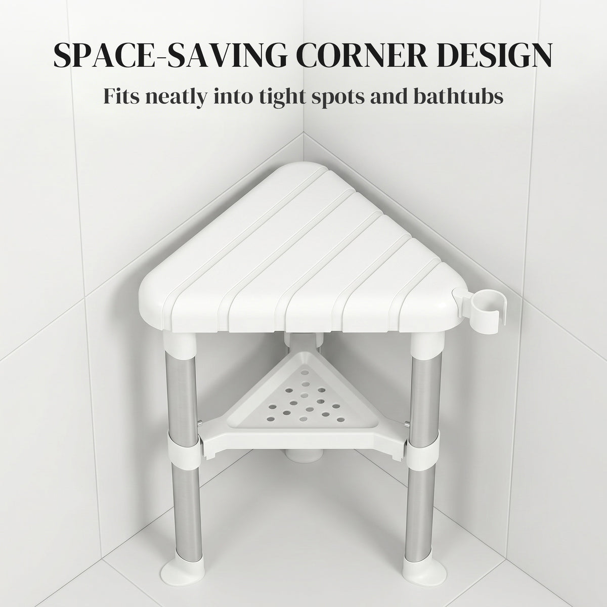 HOMCOM Shower Stool, Aluminium Alloy Corner Shower Chair with Storage Shelf and HDPE Seat, Adjustable Height, White