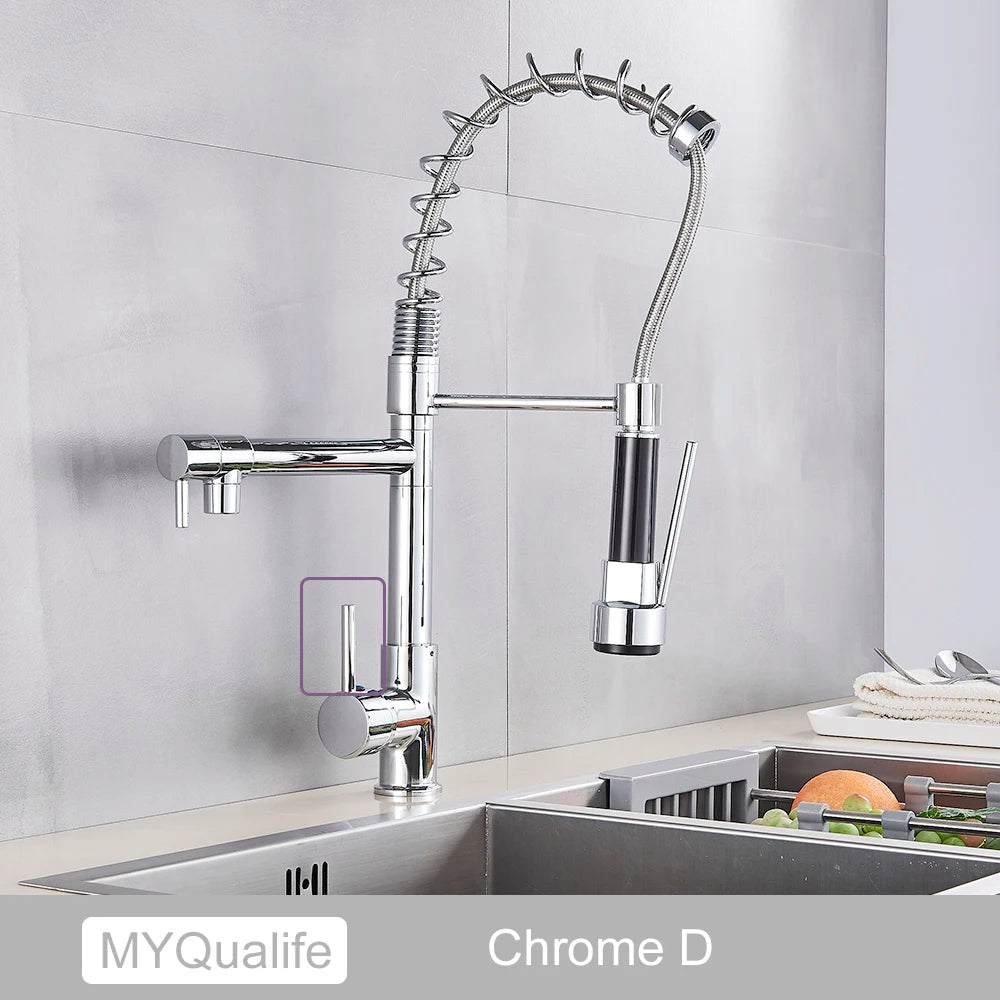 Black Pull Down Brass Kitchen Sink Faucet Hot Cold Water Mixer Crane Tap with Dual Spout 360 Rotation High Faucet Deck Mounted
