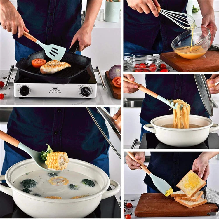 LMETJMA Silicone Cooking Utensils Set - 446°F Heat Resistant Kitchen Utensils Set Turner Tongs Spatula Spoon Brush Whisk JT888