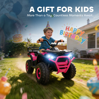 AIYAPLAY 12V Kids Electric Ride on ATV, Battery-Powered Quad Bike w/ Spring Suspension, Forward Backward, Storage Basket, Pink