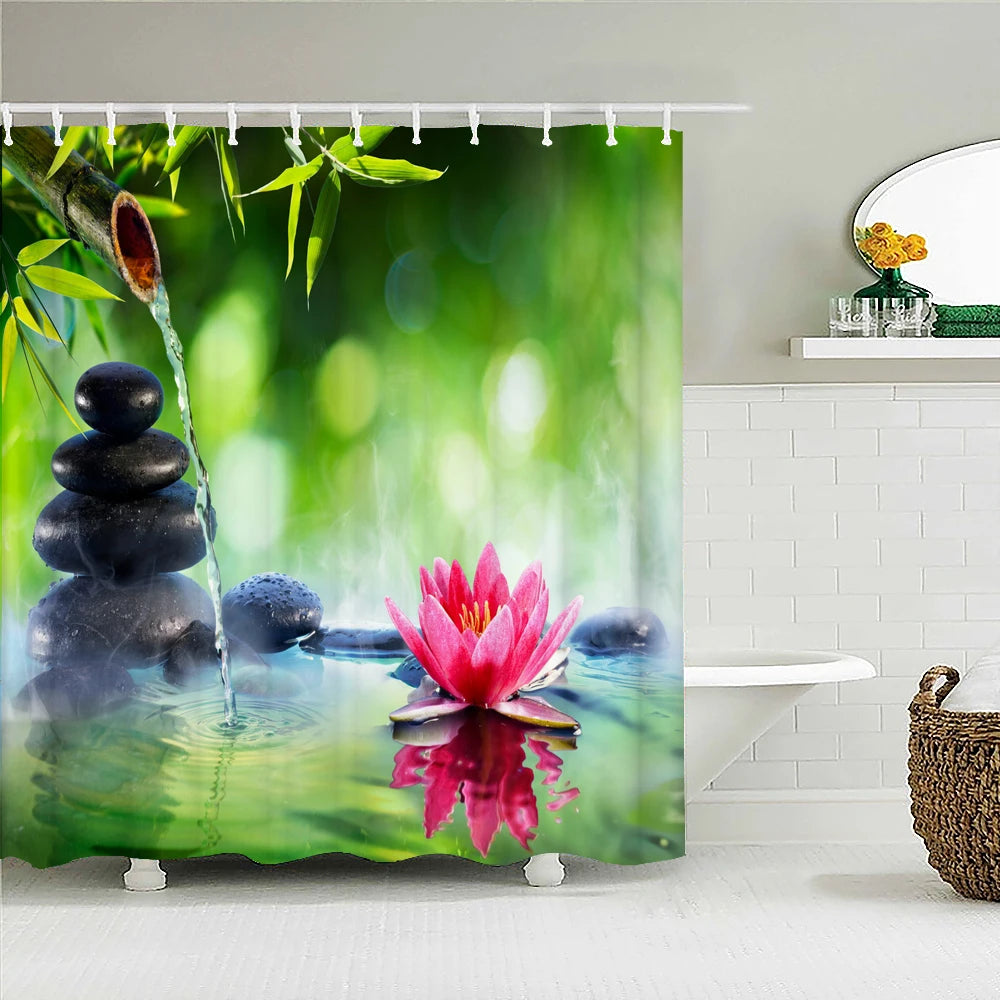 Green Plant Bamboo Shower Curtain Bathroom Bath Curtain Waterproof polyester 3D Printed Trees 180*200cm Bath Screen With Hooks