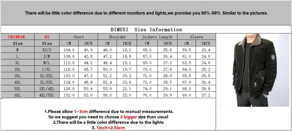 DIMUSI Winter Men's Bomber Jacket Fashion Man Corduroy Cotton Warm Padded Coats Casual Outwear Thermal Jackets Mens Clothing