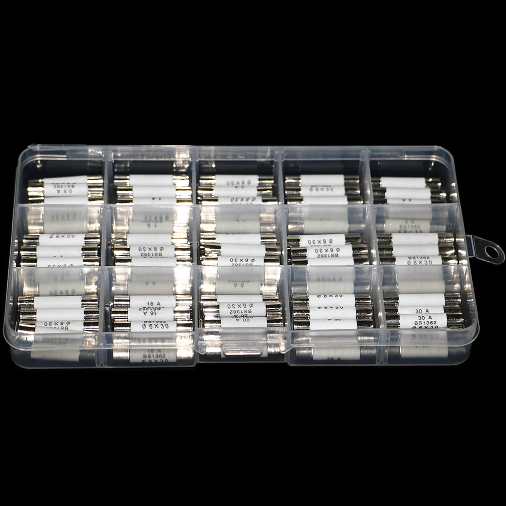 75pcs/Box 6mm x 30mm 250V Fast Blow Ceramic Fuse Assortment Kit 0.5A 1A 2A 3A 4A 5A 6A 8A 10A 13A 15A 16A 20A 25A 30A