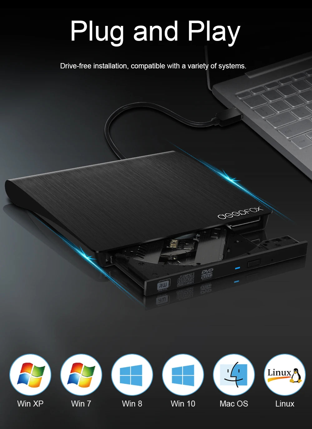 Deepfox USB 3.0 Slim External DVD RW CD Writer Drive Burner Reader Player Optical Drives For Laptop PC Dvd Burner Dvd Portatil