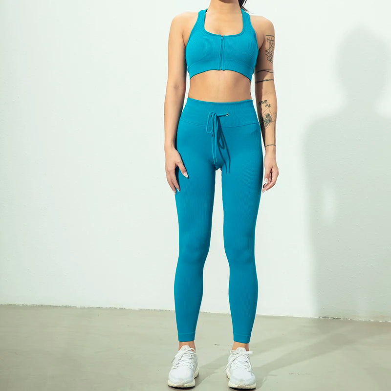 Seamless Women Yoga Set Workout Sportswear Gym Clothing Zipper Long Sleeve High Waist Leggings Fitness Bra Athletic Sports Suits