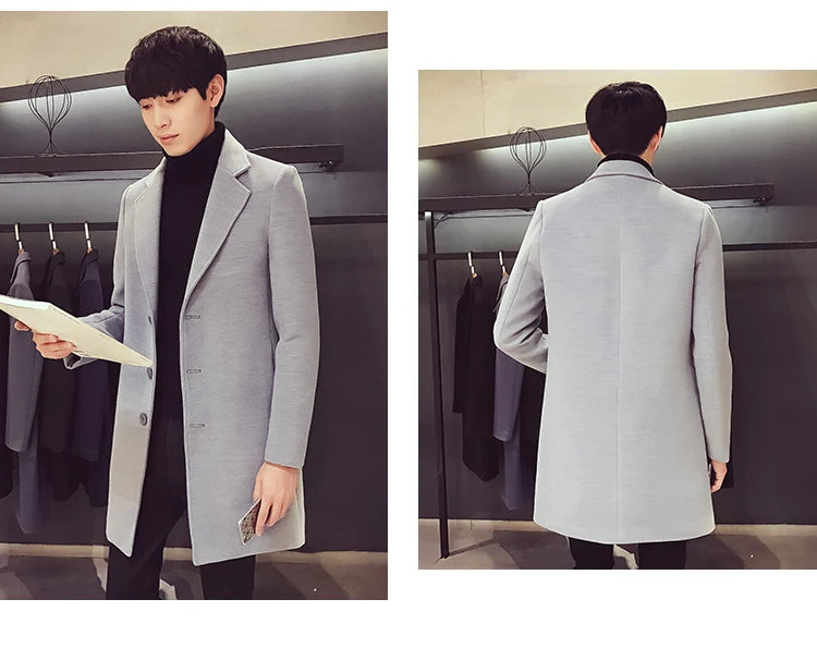 2024 Spring Autumn New Long Cotton Coat New Wool Blend Pure Color Casual Business Fashion Men's Clothing Slim Windbreaker Jacket