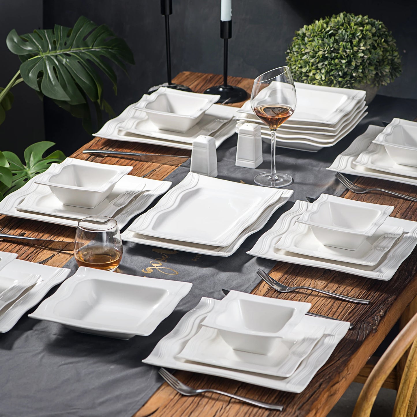 MALACASA Square Dinnerware Sets 28 Piece White Porcelain Plates and Bowls Set Salt Pepper Pot Salad Pasta Bowls Dinner Set