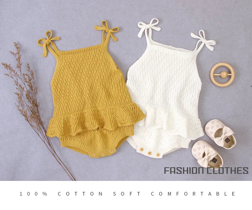 Baby Bodysuit Cute Newborn Girl Outfits Clothes Tops Fashion Summer Toddler Infant Strap Jumpsuit Solid Knitted Kids Onesie 0-2Y