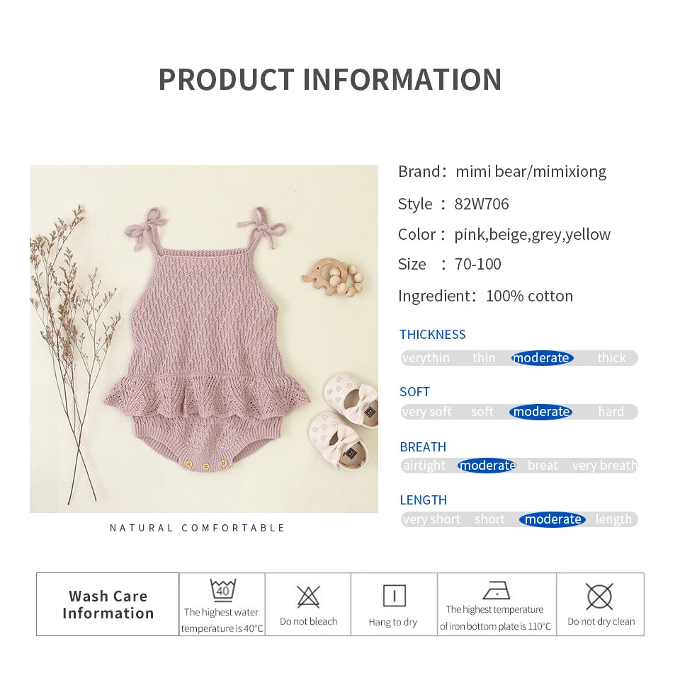 Baby Bodysuit Cute Newborn Girl Outfits Clothes Tops Fashion Summer Toddler Infant Strap Jumpsuit Solid Knitted Kids Onesie 0-2Y
