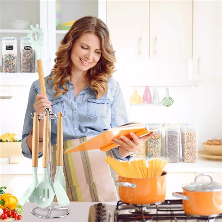 LMETJMA Silicone Cooking Utensils Set - 446°F Heat Resistant Kitchen Utensils Set Turner Tongs Spatula Spoon Brush Whisk JT888