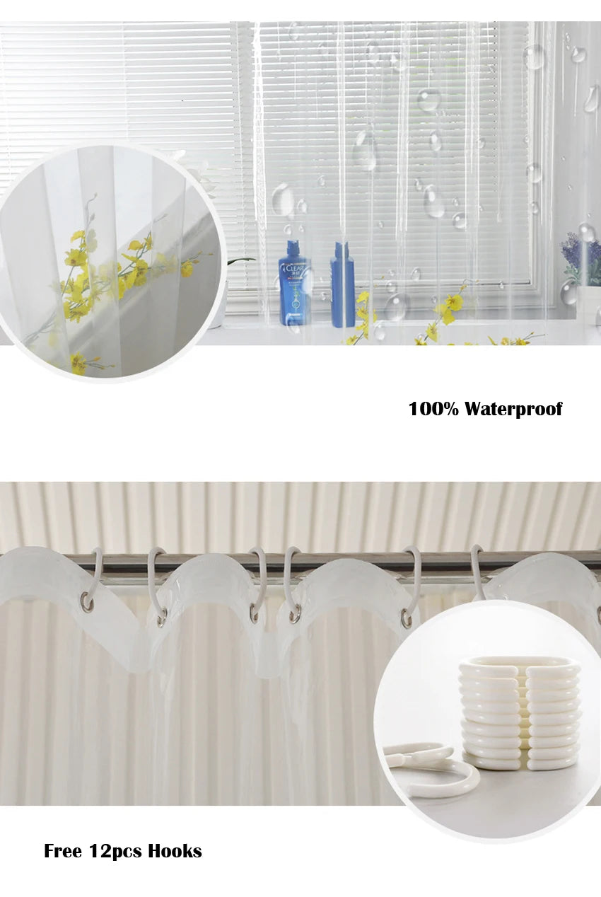 Transparent Shower Curtain Waterproof Clear White PEVA Bath Curtains Liner for Bathroom Mildew Home Hotel with Free Hooks