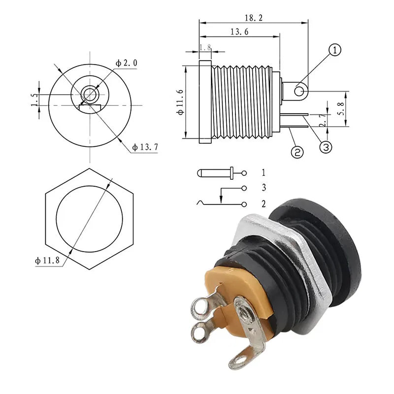 10Pcs DC Connectors 5.5x2.1mm 3.5x1.3mm DC Power Plug Male Female Jack Socket Nut Panel Mount DC Power Adapter Connector 5.5*2.1