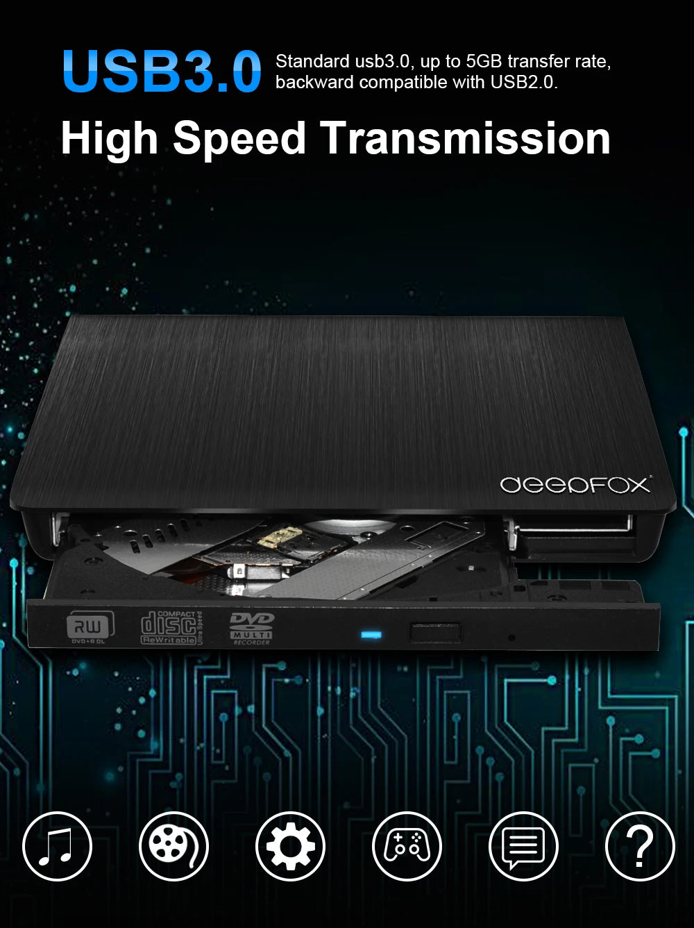 Deepfox USB 3.0 Slim External DVD RW CD Writer Drive Burner Reader Player Optical Drives For Laptop PC Dvd Burner Dvd Portatil