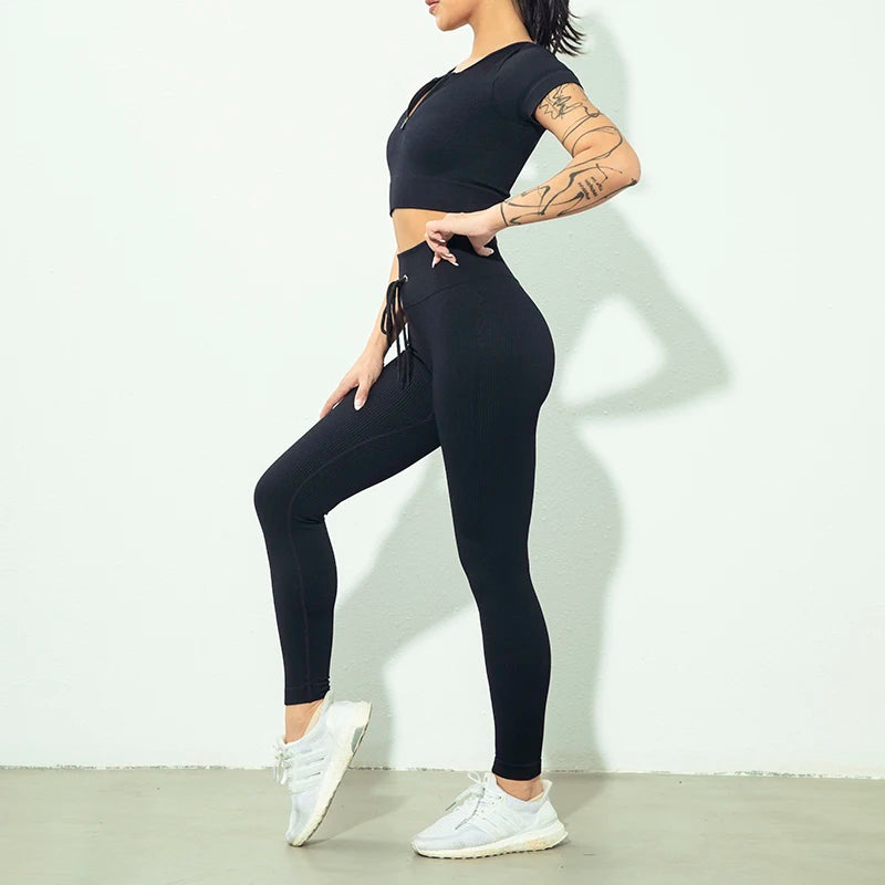 Seamless Women Yoga Set Workout Sportswear Gym Clothing Zipper Long Sleeve High Waist Leggings Fitness Bra Athletic Sports Suits