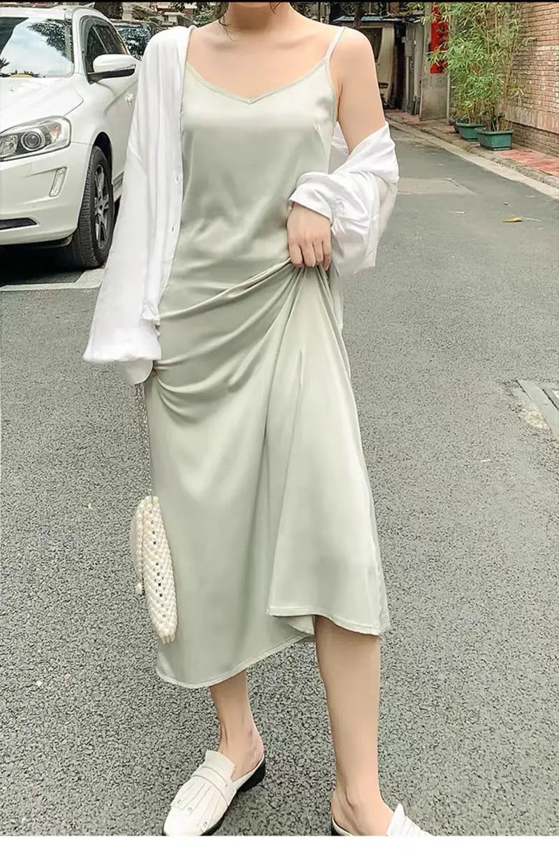 2024 Summer Chic Elegant Dresses For Women Adjustable Strap Satin  Long Birthday Party Dresses Maxi Beach Sundress Robe Vestido